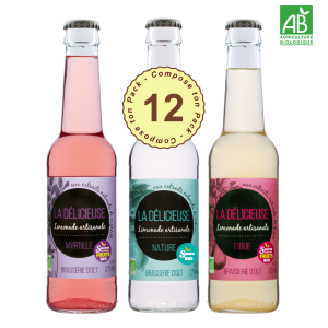 PACK DECOUVERTE Pack de 12 x 27.5cl Sodas Ce pack se compose de 2 Délicieuses Bio Nature, 2 Délicieuses Bio Myrtilles, 2